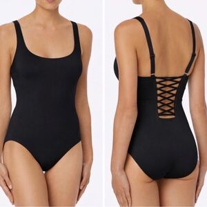 Michael Kors Black One-Piece Swimsuit with Lattice Lace Up Back - Size 12